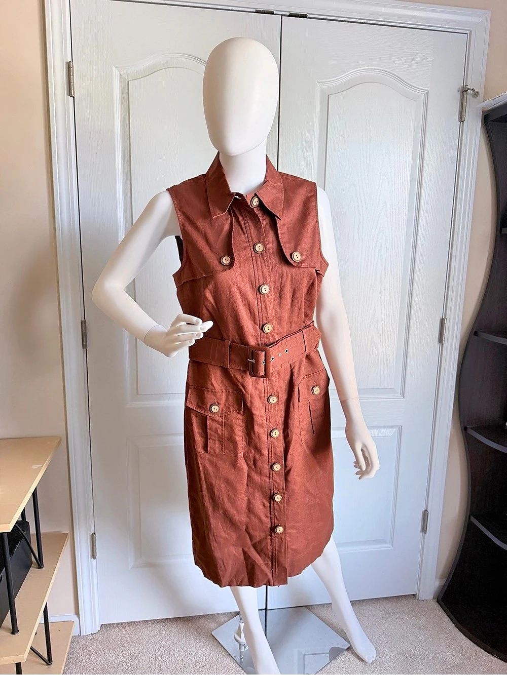 Women’s Brown Linen & Cotton Sleeveless Belted Midi Dress Size 10
